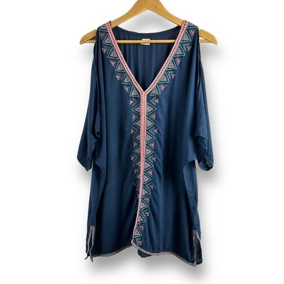 O'Neill Women's M Cold Shoulder Tunic Dress Blue Embroidered Boho Beach Cover Up - Picture 1 of 10